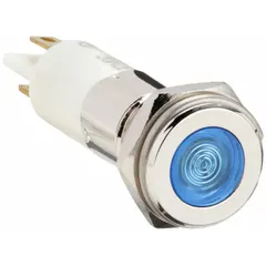 Blue LED pilot light with flush head for 10 mm panel mounting hole. Features 0.11 Male Quick Disconnect electrical connection. Used as a visual status indicator on industrial control panels and machinery.