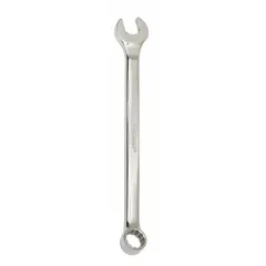 This combination wrench features a 12-point box end and an open end, both sized for 18 mm fasteners. The offset design improves access to recessed bolts, while the chrome finish provides corrosion resistance. Overall length is 10 1/4 inches. Suitable for tightening or loosening metric fasteners in mechanical assembly and maintenance tasks.