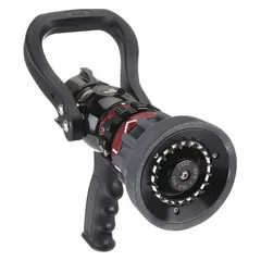 This adjustable gallonage fog nozzle features a rigid base with NST thread and an aluminum body. It delivers a fog or straight stream spray pattern, activated by a ball shutoff handle. Suitable for firefighting and industrial water-supply applications.