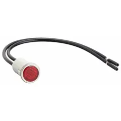 Red neon indicator pilot light with a 12 mm panel mounting hole diameter. Nylon construction with 6-inch wire leads for electrical connection. Used in industrial control panels and machinery to indicate power status or operational conditions.