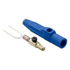 This LEVITON 15 Series male plug features a blue housing and crimp tube termination for secure conductor attachment. Rated 600V AC/600V DC and 140 A, it is used in industrial power distribution, data center feeds, and high-current temporary power systems requiring a disconnectable inline connection.