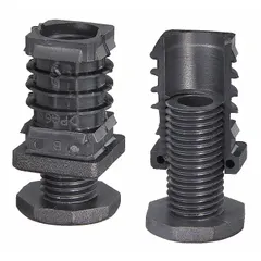 This tube end leveling mount features a technopolymer body with an M16 male thread. It is used for leveling and supporting equipment, conveyors, and machinery, providing height adjustment and vibration damping in industrial setups.