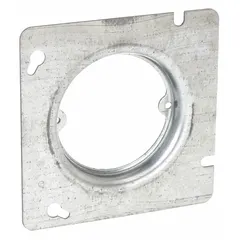Steel plaster ring with open/raised cover design. Raised height of 5/8 inch, overall dimensions 4.69 by 4.69 inches. Used to mount switches or receptacles in walls with plaster or drywall, providing a flush finish for device boxes.