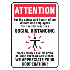 Aluminum safety sign with white background, 14 inches high by 10 inches wide. Used to communicate social distancing instructions to visitors and employees in industrial facilities, supporting workplace safety protocols.