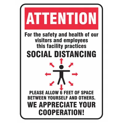 CONDOR Safety Sign: 14 in x 10 in Nominal Sign Size, Aluminum, White, 14 in Ht - Attention - Visitors & Employees - Social Distancing Sign