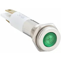 This LED indicator pilot light features a green flush head with H08 design and a 0.11 male quick disconnect electrical connection. It is used on industrial control panels, machinery, and equipment to provide a clear green status signal. The flush head design suits tight spaces, and the 5/16 in mounting hole diameter fits standard panel cutouts.