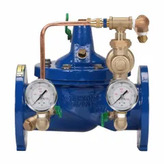 Flanged automatic control pressure regulator with ductile iron body. Adjustable pressure range 15 to 120 psi. Used in water systems to maintain downstream pressure within set limits.