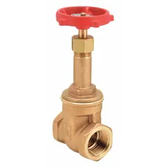 This 1-inch rising stem gate valve features a bronze body, wedge, and bonnet with FNPT x FNPT connections. It is rated for 200 psi CWP and operated by a wheel handle. Suitable for on/off flow control in water, oil, and gas piping systems.
