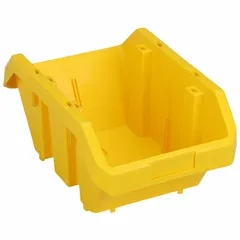 This yellow plastic bin measures 9 1/4 in x 14 in x 6 1/2 in and has a 75 lb load capacity. It is not electrostatic discharge conductive and contains 0% recycled content. The cross-stacking design enables stable stacking without lids, suitable for organizing parts, components, or small tools in warehouses and manufacturing facilities.