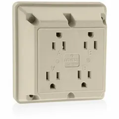 Quad receptacle rated 125V AC, 20 A, 2-pole/3-wire with 5-20 configuration. Ivory finish. For general-purpose use in commercial and industrial settings to power multiple devices from a single outlet.