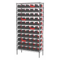 Single-sided wire shelving unit with a silver steel frame, including 60 polymer open-front indicator bins in black and red. Each bin measures 4 in x 6-3/4 in x 11-5/8 in. Suitable for organizing small parts, components, and tools in warehouses, manufacturing facilities, and maintenance shops.