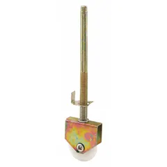 This hanging door roller is designed for sliding door applications. It measures 3-13/16 inches in width and supports doors weighing up to 40 lb. The roller facilitates smooth door movement in residential or light commercial settings.