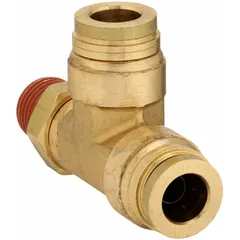 Brass tee fitting with two push-to-connect ports for 3/8 in OD tube and one 1/4 in male NPT threaded outlet. Factory-applied Vibra-Seal thread sealant provides a vibration-resistant seal. Used in air brake systems to branch a tube line to a threaded port.