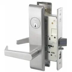 Office lever lockset in the Augusta design with a satin chromium-plated finish. ADA compliant for accessible lever operation. Suitable for commercial interior doors requiring privacy or passage function. Model F04 with no message. Not ligature-resistant.