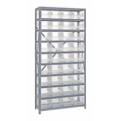 This single-sided metal stationary bin shelving unit includes 36 clear polypropylene shelf bins, each 6 in x 8-3/8 in x 17-7/8 in, mounted on a gray steel frame. The open-front bins allow quick visual identification and access to stored items. Suitable for organizing small parts in warehouses, workshops, and distribution centers.