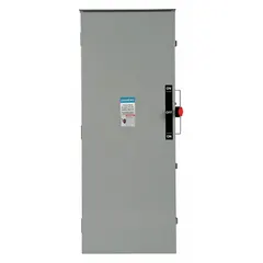 Fusible safety switch rated 200 A, three-phase, 600V AC. Galvanized steel enclosure suitable for indoor and outdoor use. Provides manual disconnection and isolation of electrical circuits for maintenance and safety in industrial and commercial applications.