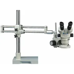 Binocular stereo microscope with 7X to 45X zoom range and 23 mm optical field of view. Features a 195 mm working distance and a 10 in x 10 in base. Suitable for inspection, assembly, and quality control tasks requiring detailed observation of components.