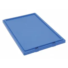 Blue plastic lid designed to cover standard stacking and nesting totes. Compatible with tote models SNT240 and 9KG35. FDA compliant for use in environments requiring protection from contamination.