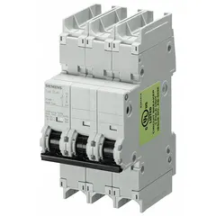 This 3-pole miniature circuit breaker is rated 60 A with a D-curve trip characteristic, suitable for overcurrent protection in circuits with high inrush currents such as motor and transformer loads. It is UL489 listed for DIN rail mounting, with a maximum interrupting rating of 10 kA at 240V AC and 60V DC. Terminal connections are screw clamp type.