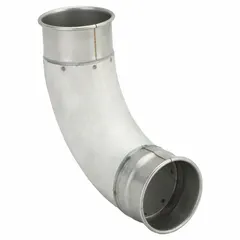 This 90-degree elbow is used in ductwork systems to change airflow direction. It connects to 4-inch ducting and is suited for ventilation, dust collection, and material handling applications. The elbow has a 4-inch outlet diameter and a 10-inch overall length.