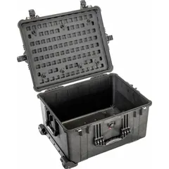 This black plastic lid panel is designed for the PELICAN 1620 case, featuring 97 openings for attaching pouches and accessories via twist cam locks. It provides organized storage for tools and gear in transport cases, suitable for field or industrial use.