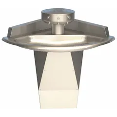 Hand-operated push button wash fountain with a semi-circular stainless steel sink. Features three stations, off-line vent drain supplied from above, and ADA compliance. Suitable for commercial restrooms and other high-traffic areas requiring multiple-user handwashing.