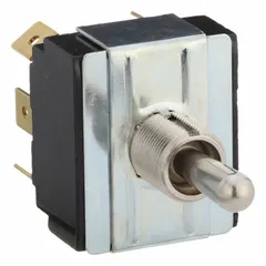 Panel-mount DPDT toggle switch with 3-position On/On/Off function. Features 6 quick-connect tab connections, rated 10 A at 250 V AC and 3/4 hp. Suitable for industrial control circuits and motor switching in machinery and equipment panels.