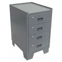 This JAMCO cabinet features four individually locking drawers, each 5 in x 16 in x 16 in, with pull handles and keyed locks. Mounted on legs, the gray cabinet provides secure, organized storage for small parts, tools, or documents in workshops, warehouses, and maintenance facilities