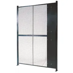 This steel woven-wire partition panel is powder-coated gray and includes mounting hardware. It is used to construct secure enclosures, storage cages, and machine guarding in industrial facilities. The adjustable design allows flexible layout configurations for warehouses and manufacturing plants.