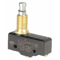 Plunger-actuated snap-action switch from the BZ series with 1NO/1NC contact configuration. Rated 15 A at 125 to 480 V AC, with screw-type electrical connection. Suitable for position sensing and limit switching in industrial control and automation systems.
