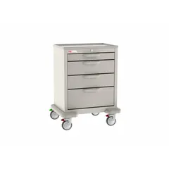 Steel cart with taupe cabinet and white drawers, configured with (2) swivel and (2) swivel with brake casters. Used in healthcare facilities to organize and transport medical supplies, instruments, and equipment.