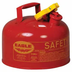 This Type I safety can is designed for storing and dispensing flammable liquids. It features a single opening for filling and pouring, and is constructed from red powder coated steel. With a 2 1/2 gallon capacity, it is suited for use in industrial settings such as machining, maintenance, and chemical processing facilities.