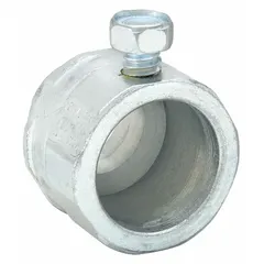 Steel connector with zinc-plated finish for joining unthreaded rigid metal conduit (RMC) and intermediate metal conduit (IMC) to boxes or enclosures. Features 1/2 in trade size, 1/2" male NPS threads, set screw connection, and includes clamp. UL 514B listed. Overall length 1-1/8 in, width 1-19/32 in.
