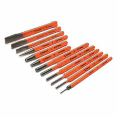 This 12-piece combination set includes nail punches and pin punches, each with a 7 1/2-inch overall length. The tools are carded for organized storage. Suitable for driving nails below surfaces or removing pins in metalworking, woodworking, and general maintenance tasks.