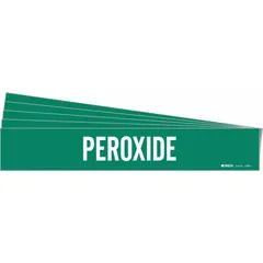 Green adhesive pipe marker with white legend reading 'Peroxide', designed for pipe outer diameters from 2-1/2 to 7-7/8 inches. Pack of 5 markers without directional arrows. Used to identify peroxide piping in industrial facilities for safety and compliance.