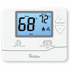 The Robertshaw RS8110 is a non-programmable digital wall thermostat for heat and cool applications. It operates on 24V AC with manual changeover and system settings of Heat-Cool-Off. Features include a universal sub-base, O/B terminal designations, a temperature differential adjustable from 0.2°F to 2°F, and a control range of 44° to 90°F. Suitable for residential or light commercial HVAC systems requiring simple temperature control.