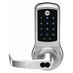 This electronic keyless lock provides keypad-based access control with a mechanical key override. Its ADA-compliant design and black finish suit commercial or institutional doors requiring code entry with backup key option.