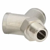 This threaded medium-pressure pipe wye is used to split or combine fluid flow in pneumatic or hydraulic systems. Constructed from nickel-plated brass, it measures 1/8 in x 1/8 in x 1/8 in with a length of 25/32 in and a maximum operating pressure of 870 psi