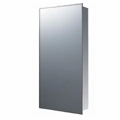 This mirrored medicine cabinet features a stainless steel frame with a bright annealed silver finish and a glass mirror. It is designed for wall mounting in bathrooms or medical facilities, providing storage and a reflective surface. Overall dimensions: 26 inches high by 16 inches wide.