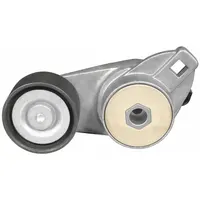 Heavy-duty self-adjusting belt tensioner with one pulley, designed to automatically maintain proper tension on engine accessory belts. Reduces belt slippage and extends belt life in demanding vehicle applications