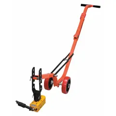 Manhole removal dolly with 900 lb capacity, orange finish, and adjustable design. Used for lifting and moving heavy manhole covers in utility, construction, and maintenance operations.