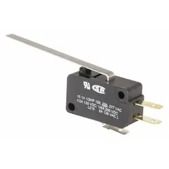 Roller-lever snap-action switch with 1 normally open and 1 normally closed contact configuration. Rated 15 A at 125 V AC with quick-connect terminals. Suitable for position sensing and limit control in industrial equipment, HVAC systems, and appliances.