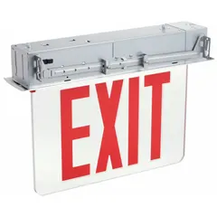 Recess-mount edge-lit exit sign with one illuminated face. Red LED text, silver aluminum housing, and universal field-selectable chevrons. Suitable for commercial and industrial buildings to mark emergency exits in corridors, lobbies, and stairwells.