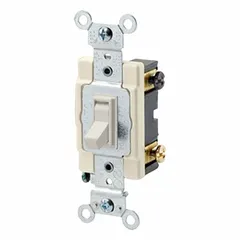 This 4-way maintained toggle wall switch is rated 15 A at 120/277V AC. It features a Light Almond finish and is non-illuminated. Used in multi-location lighting control circuits where a single load is operated from three or more switch positions, typically with two 3-way switches.