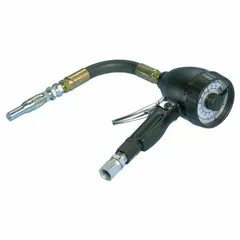 Manual analog metered dispense gun for controlled fluid dispensing from drums. Features a 1/2 in NPTF connection, maximum flow rate of 4 gpm, and one latch position. Suitable for industrial maintenance, automotive service, and manufacturing applications requiring precise fluid delivery.