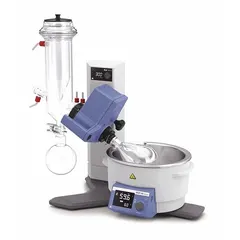 This IKA manual lift rotary evaporator features a 4 L flask with a dry ice condenser and a speed range of 5 to 300 RPM. The 1,400 W heating capacity supports efficient solvent removal. Its ambidextrous design accommodates left- or right-handed operation. Suitable for laboratory distillation and concentration tasks.
