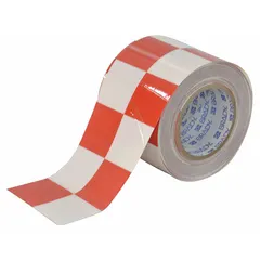 Polyester floor marking tape with checkered red/white pattern for visual hazard communication. 4 in width, 100 ft length, 8 mil thickness. No printed legend. Used for marking aisles, work cells, and caution zones in industrial and commercial facilities.