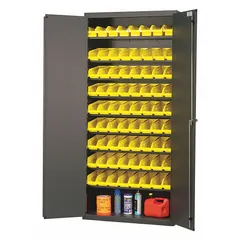 Assembled steel cabinet with gray baked-enamel finish. Includes 72 yellow bins (4 in x 4 in x 11-5/8 in) on 9 sloped shelves. Designed for organizing small parts, components, and hardware in industrial storage and workshop environments.