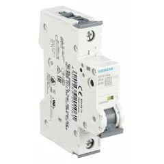 This 1-pole supplementary protector features an A-curve trip characteristic for overcurrent protection of sensitive electronic loads. Rated 16A at 230/400V AC (10kA interrupting capacity) and 72V DC, it uses screw-clamp terminals and mounts on DIN rail. Suitable for branch circuit and equipment protection in control panels.