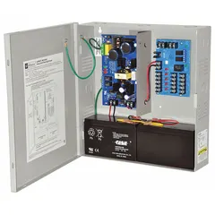 The ALTRONIX AL400ULM is a power supply board housed in a steel enclosure, operating on 115V AC input. It provides selectable output of 12VDC at 3.5A or 24VDC at 3A, suitable for powering access control systems, security devices, and industrial control equipment.